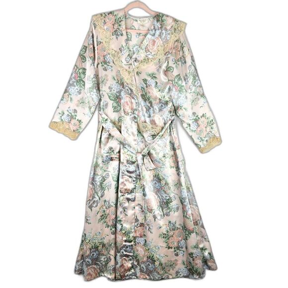 Victoria's Secret Gold Label Vintage Satin Robe Size Medium Floral Lace Midi - Picture 1 of 8